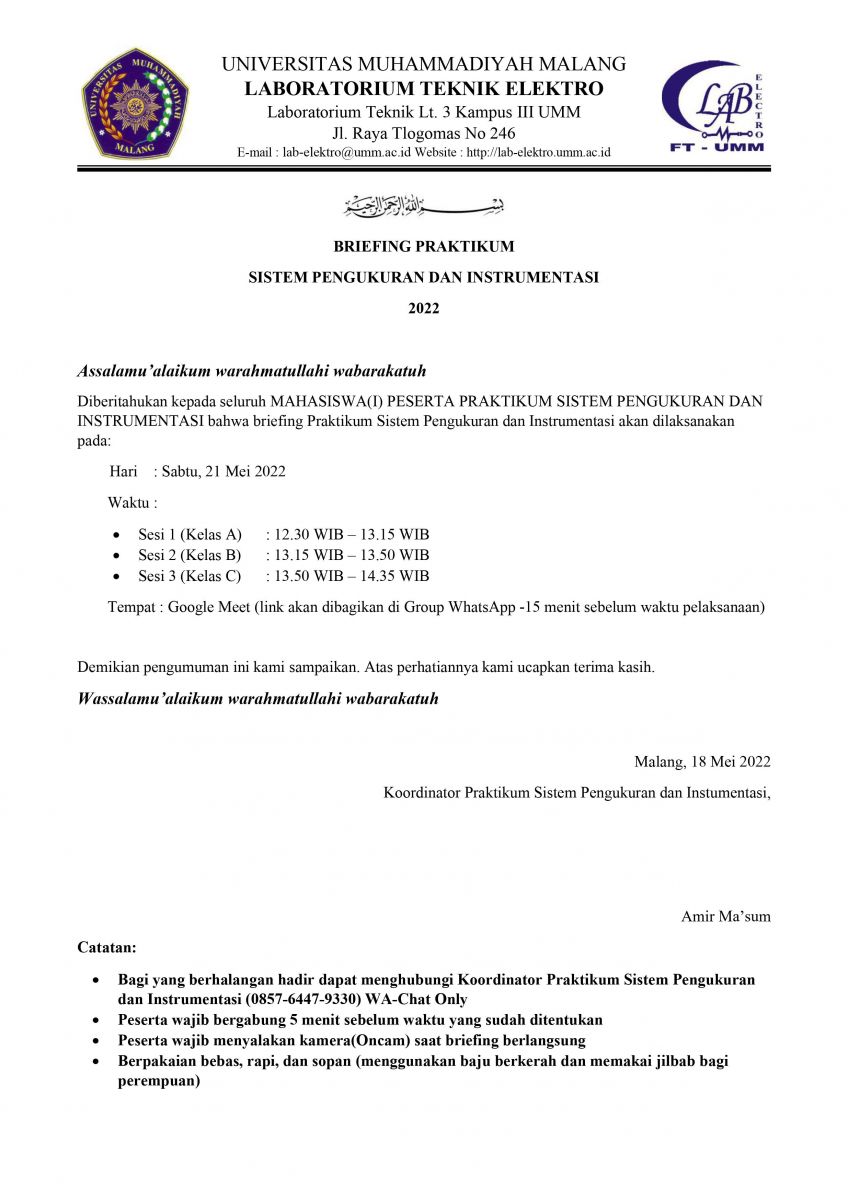 Pengumuman Briefing Praktikum Sistem Pengukuran dan Instrumentasi Semester Genap T.A 2021/2022